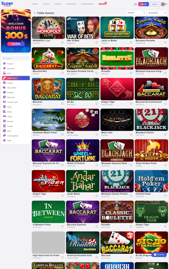 glory casino list of online casino games