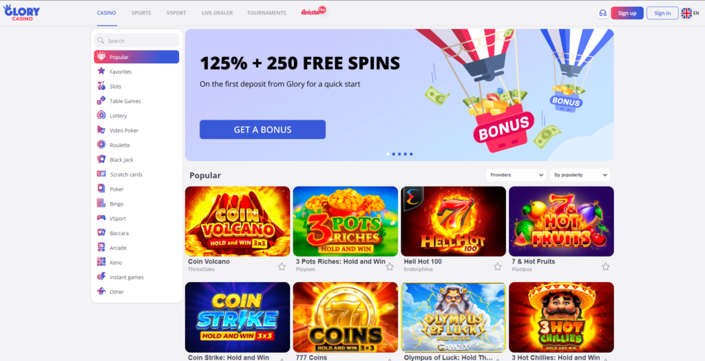 glory casino website UI