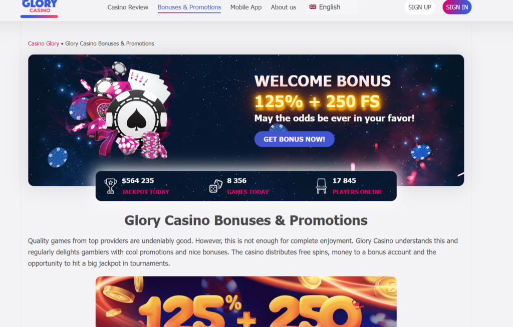 glory casino bonus and promotions page